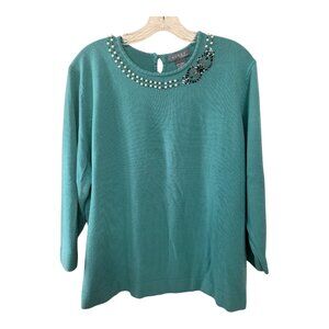 Vtg Koret Woman 2X Teal Sweater – Pearl & Bead Embellished Collar, 100% Acrylic,